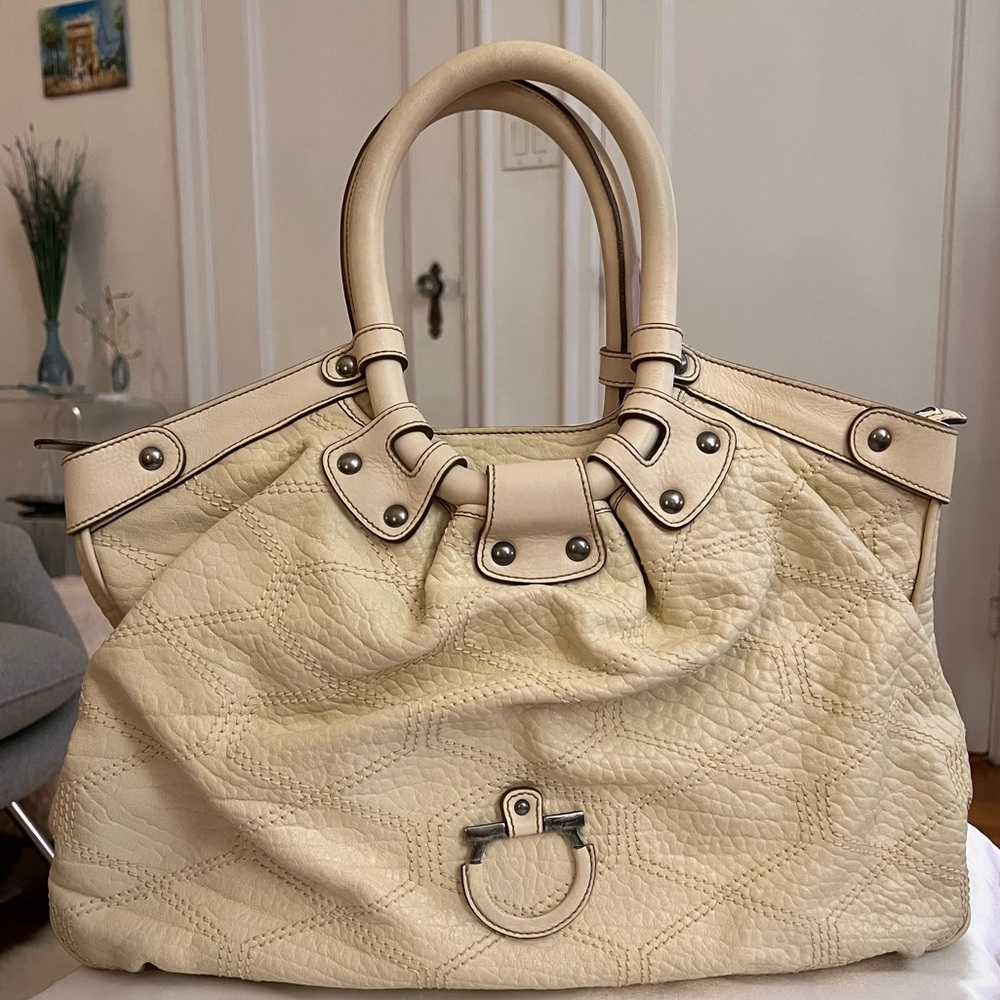 Salvatore Ferragamo Gancini Celtico off white ivory leather shoulder bag hobo